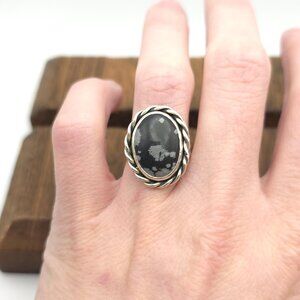 Size 7.25 Sterling Silver Snowflake Obsidian Stone Ring A1426